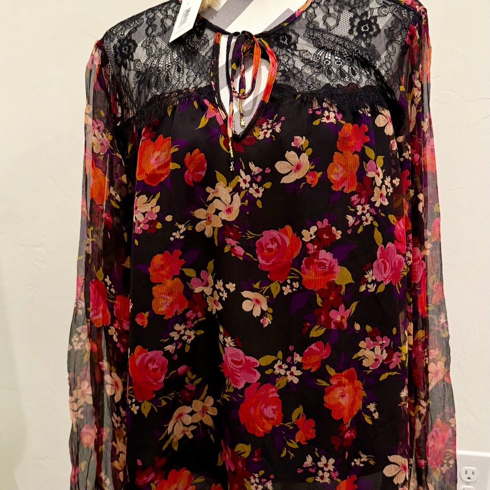 Johnny Was Black Lace Blouse with Colorful Floral Patterns
